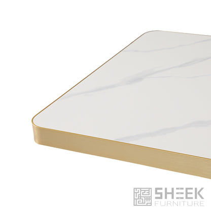 Rhea Table Top – Calacatta White Sintered Stone - Brushed Gold Aluminum Edge - 48 x 30