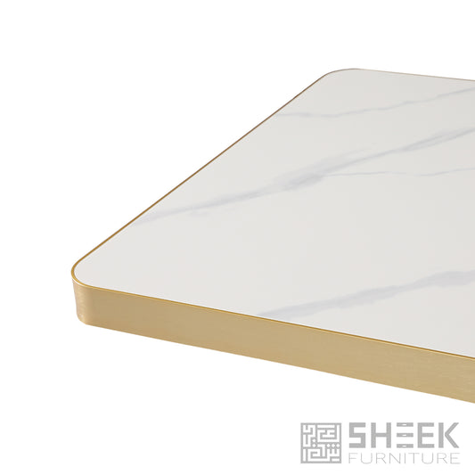 Rhea Table Top – Calacatta White Sintered Stone - Brushed Gold Aluminum Edge - 24 x 30